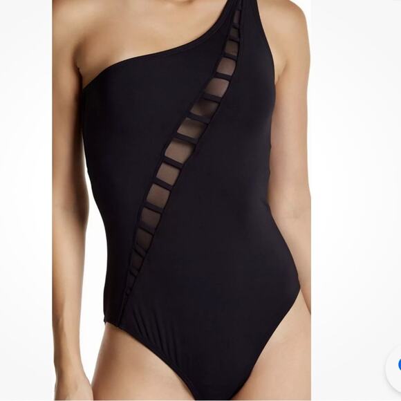 BLEU ROD BEATTIE Meshing Around One Shoulder Black Swim Suit Size 8 - Picture 1 of 8